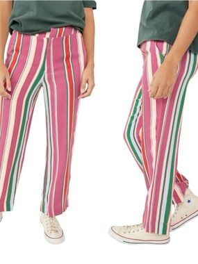 Free People Pink & Green Striped Slim Crop Pants